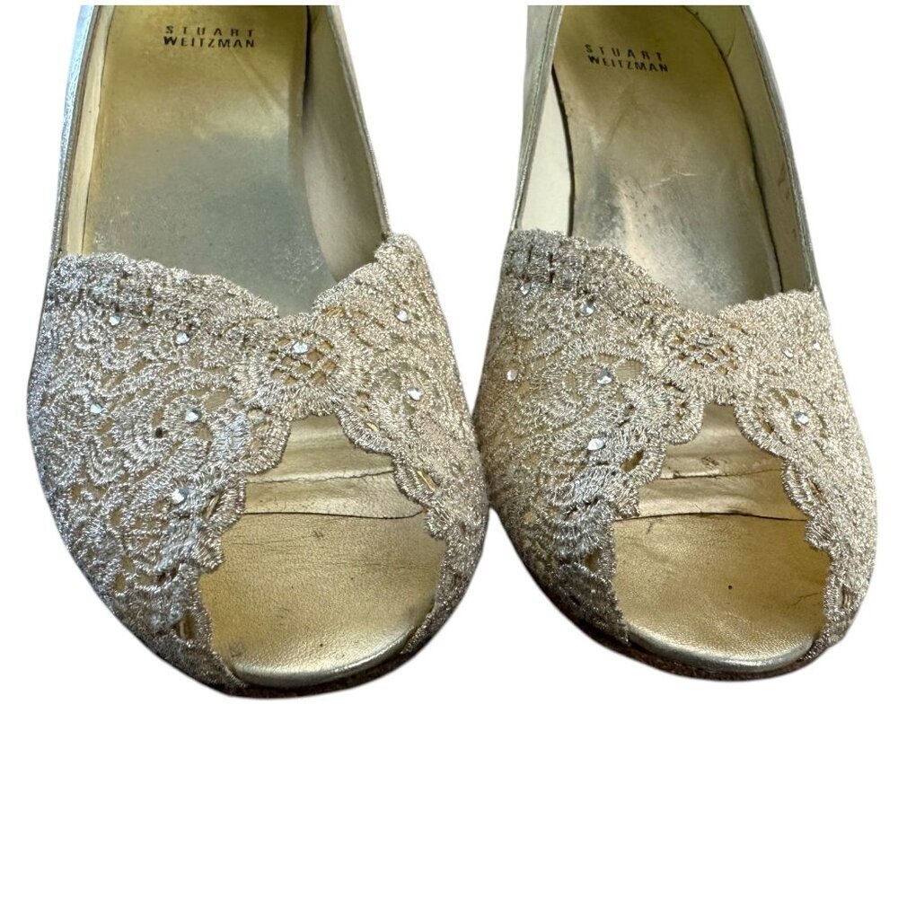 Stuart Weitzman Gold Chantilly Lace Peep Toe Pump Heel Formal Women's Size 9 - Picture 3 of 10